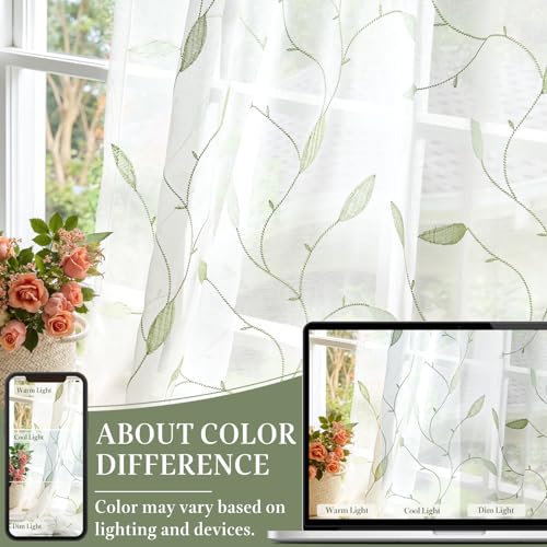 Lazzzy Sheer Curtains Embroidered Floral Leaf Voile Drapes for Bedroom Living Room Back Tabs Window Treatments 2 Panels 84 Inches Green on White