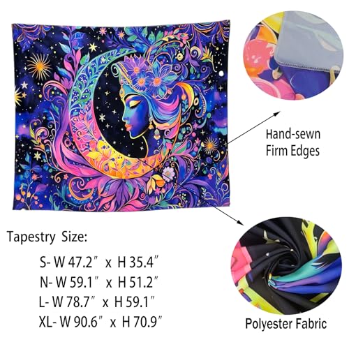 TUGCAY Blacklight Moon and Star Tapestry, UV Reactive Elegant Goddess Mandala Moon Sun Tapestry Starry Night Tapestries Wall Hanging for Bedroom Dorm Decor(51.2 x 59.1 Inches)