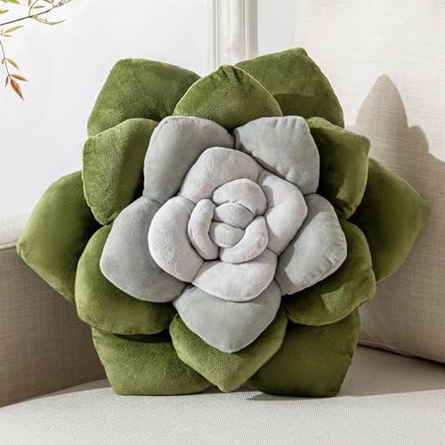 Green Grey 3D Plant Succulent Pillow 13.8" Plush Throw | Cute flower shaped decorative cushion. Soft unique accent for bedroom home decor. Cozy botanical.