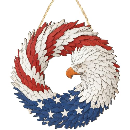 4th of July Decorations Eagle Door Sign 250th Anniversary Wooden 2D Memorial Day Wreath for Front Door Hanger