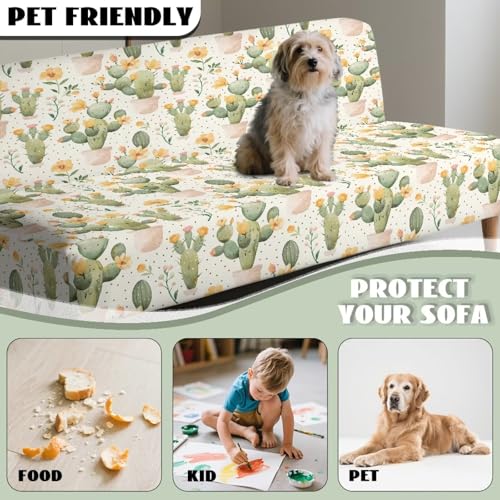 Cactus Print Easy-Going Futon Cover, Dual Couch Cover, Stretch Armless Sofa Cover, Leakproof Furniture Protector for Kids, Pets, Dog and Cat