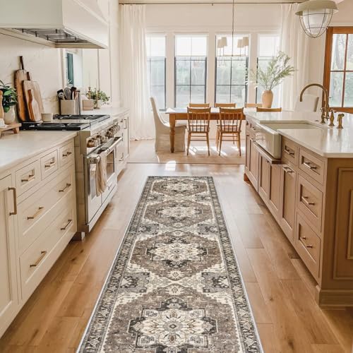 Washable Kitchen 2x10 Runner Rug: Non-Slip Hallway Rugs Indoor Soft Low Pile Stain Resistant Carpet for Bedroom Entryway Ultra-Thin Vintage Home Decor Floor Mat for Bathroom (Beige/Blue/Grey, 2 x 10)