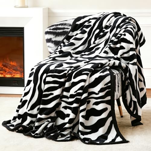 PU MEI Fuzzy Flannel Throw Blanket for Sofa, Couch, Bed, Black and White Zebra Print Blanket Animal - Lightweight Double Sided Cozy Super Soft Blankets, 50" x 60" inches