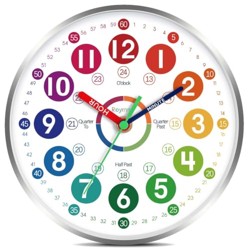 Roymnie Wall Clock Teaching Time Wall Clocks Battery Operated Silent Non Ticking - Analog Colorful Clock Decorative for Home Kitchen Living Room (14 Inch&Silver)