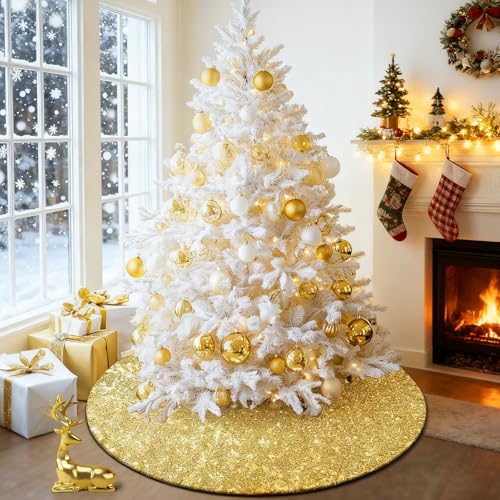 yuboo Gold Christmas Tree Skirt, 48 Inch Sequin Xmas Tree Mat - Glitter Tree Collar Double Layers for Gold Christmas Decorations&Ornaments