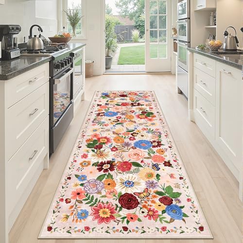 Runner Rug 2x6 Blush Beige, Kitchen Rug Non Slip Washable Rugs with Rubber Backing Soft Floral Carpet Runner for Hallways, Kitchen, Laundry, Bedroom, Bathroom (2 x 6, Beige Blush)