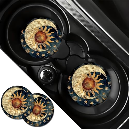 2pcs Moon Stars Car Coasters, 2.75-in Vintage Pattern Car Cup Holder Coaster Mats for Car Vehicles & Home Desk