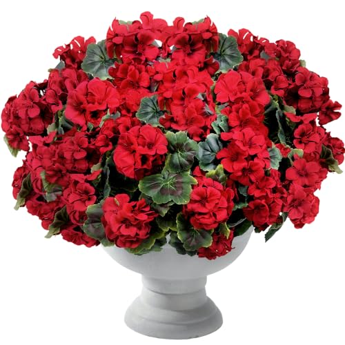 8 Pcs Artificial Geraniums Flowers for Outdoor Spring Summer Decor - UV-Resistant & Realistic Silk Faux Plants for Garden Porch Patio Yard Balcony Home Kitchen Table Centerpieces Decoration, Red