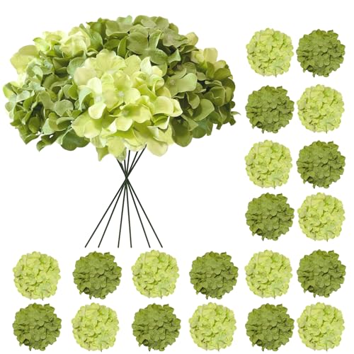 Hydrangea Artificial Flowers, 20 Pcs Green Hydrangea Artificial Flowers Bulk, Faux Hydrangea Flowers for Outdoor, Fake Silk Hydrangea Flowers with Stems for Wedding Decoration Decor