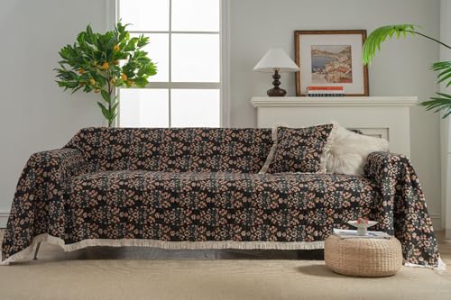 70x149 Bohemian Black Floral Sofa Slipcover with Handmade Tassels - Polyester/Linen/Cotton Blend, Multi-Size Furniture Protector
