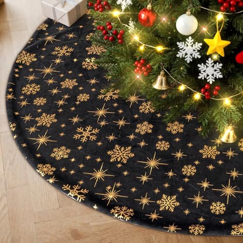 Lanpn Christmas Tree Skirt 36 inch, Velvet Xmas Tree Skirt with Snowflake Winter Christmas Tree Mat for Large Artificial Trees Winter Home Party Holiday Indoor Xmas Decorations (Black, 90cm)