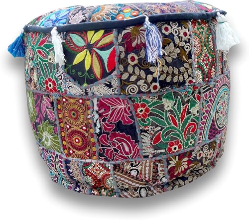 Sophia-Art Indian Embroidered Patchwork Cover Decorative Pouf Indian Comfortable Floor Cotton Cushion Ottoman Pouf,Indian Designs Ethnic Patchwork Pouf (Blue, 18"x13")