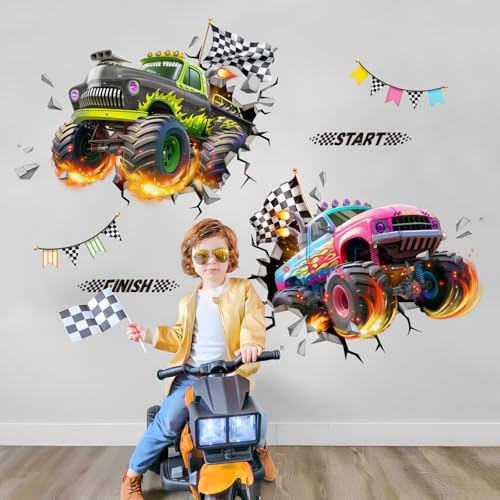 Tanlaby 3D Racing Car Wall Decals Monster Truck Break Through Wall Sticker Peel and Stick Decal for Baby Boys Kids Bedroom Nursery Playroom Decor