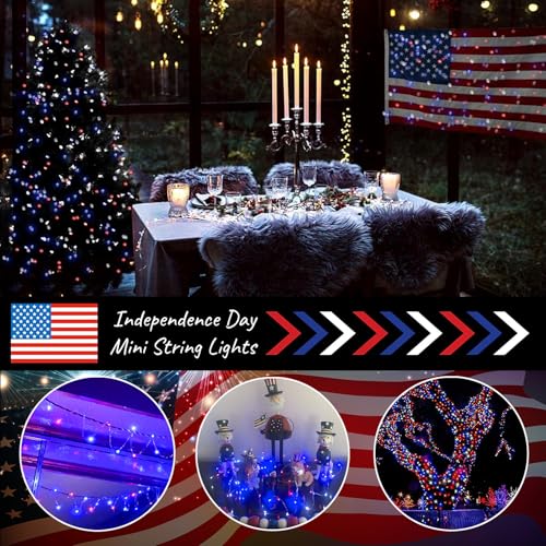 4th of July Patriotic Decorations, Red White Blue Fairy String Lights, Battery Operated with Timer, 2 Pack Total 33FT 100 Led Mini Battery Powered Mason Jar Firefly Lights DIY Party Memorial Day