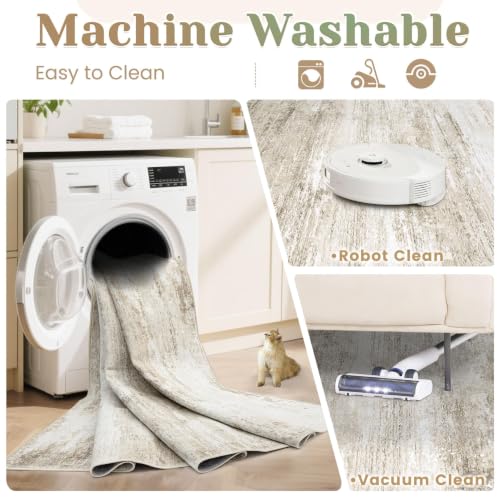 Washable Rug 10x14 Area Rugs for Living Room: Large Neutral Soft Rug Abstract Non Slip Low Pile Modern Carpet for Bedroom Kitchen Nursery Office Dining Room Indoor (Beige, 10'x14')