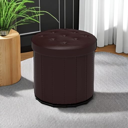 Bsketa Round Storage Ottoman, 14" Folding Leather Foot Rest Stool,Brown