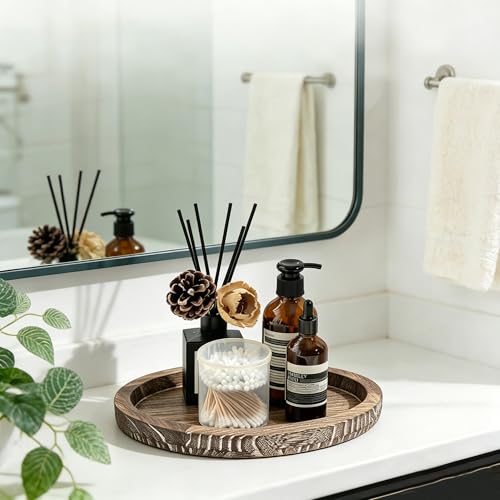 11 Inches Round Wooden Tray Decor, Brown Decorative Trays