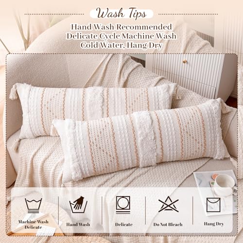 Bundle - 2 Piece 14x36 Lumbar Pillow Set: Boho Tufted Tassel Pillow Cover (Cream Beige) + Premium Memory Foam Throw Pillow Insert (White) for Bed, Couch, Sofa, Modern Farmhouse Decor
