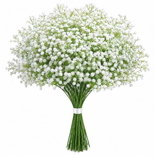 Babys Breath Artificial Flowers, 24 Pcs Fake Flowers Gypsophila Bouquet Fall Flowers Artificial for Decoration, Real Touch Silk Flower for Wedding Christmas DIY Party Home Garden Office(White)