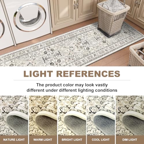 LOKHOM Washable Runner Rug, 2x6 Non-Slip Vintage Kitchen Rug with Rubber Backing, Boho Floral Soft Faux Wool Hallway Runner Rug Carpet Runner for Laundry Entryway Bedroom (Cream White)