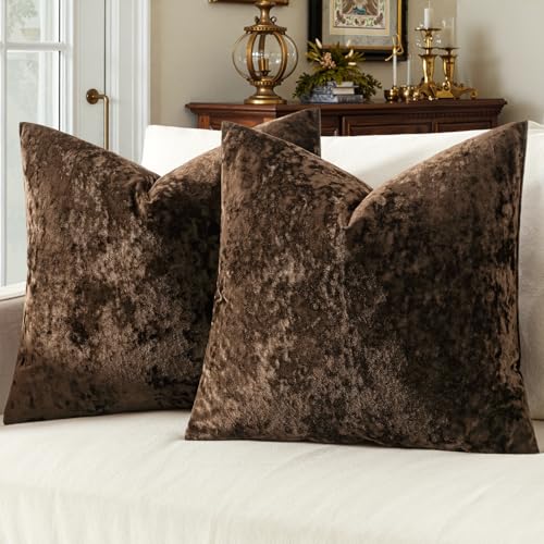MIULEE Velvet Throw Pillow Covers Set of 2, Soft Neutral Decorative Pillow Cases with Luxurious Textured Vintage Cushion Covers for Home Decor Couch Sofa Bed,Brown 18x18 inch