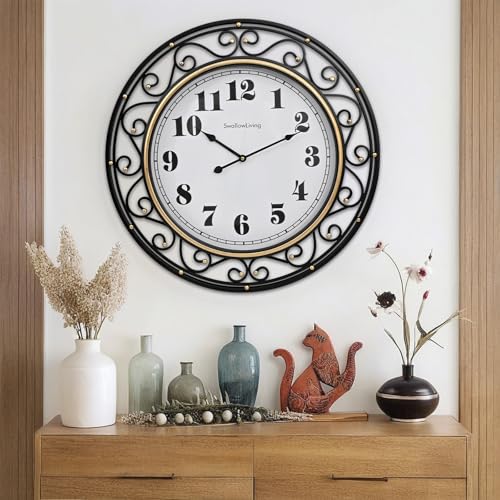 SwallowLiving 24 Inch Vintage Iron Metal Frame Wall Clock Silent, Battery Operated, Elegant Retro Decor for Living Room, Kitchen, Office, Dining Room, and Bedroom