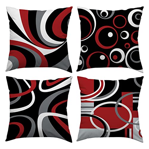 Red and Black Throw Pillow Covers 18x18 Set of 4,Grey Modern Abstract Pillowcases,Gray Geometric Circle Pattern Decor for Sofa Couch Living Room Bedroom Home Outdoor