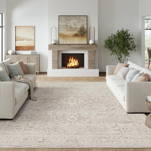 Fmfunctex 8x10 Washable Area Rug Beige Vintage Neutral Distressed Oriental Large Non Slip Carpet for Living Room Bedroom Soft Low Pile Indoor Mat Retro Throw Rug for Dining Room Kitchen Office Nursery