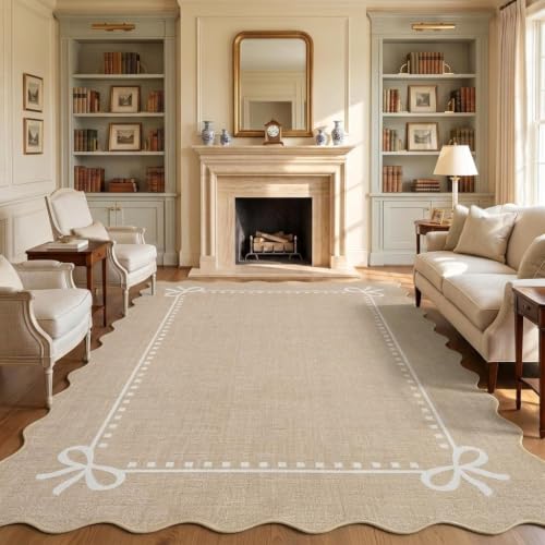 Garvee Scalloped Bow Rug for Living Room Washable Solid Camel 5x7 Area Rugs