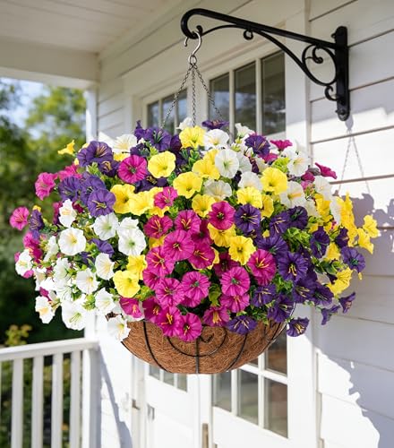 Artificial Faux Hanging Plants Flowers Basket for Spring Summer Outdoors Decoration, Fake Silk Colorful Morning Glory with Eucalyptus Look Real UV Resistant for Outside Porch Patio Balcony Garden Home