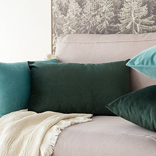 MIULEE Velvet Soft Soild Decorative Square Throw Pillow Cover and Throw Pillow Insert Hypoallergenic Premium Pillow 12 x 20 Inch 30 x 50 cm Army Green