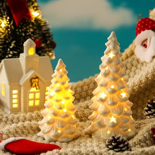 HOMCDALY 2 PCS White Small Christmas Tree with Lights, Mini Christmas Tree for Christmas Décor, Tabletop Xmas Tree Figurines, Christmas Decorations(Ceramic)