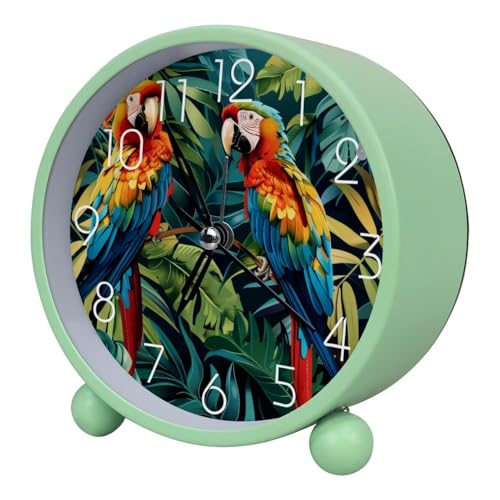 Small Analog Alarm Clock, 4.3 inch Silent Desk Clock with Night Light, Battery Operated, for Kids Bedroom Living Room Bedside, Tropical Birds Parrots Exotic Jungle Plants
