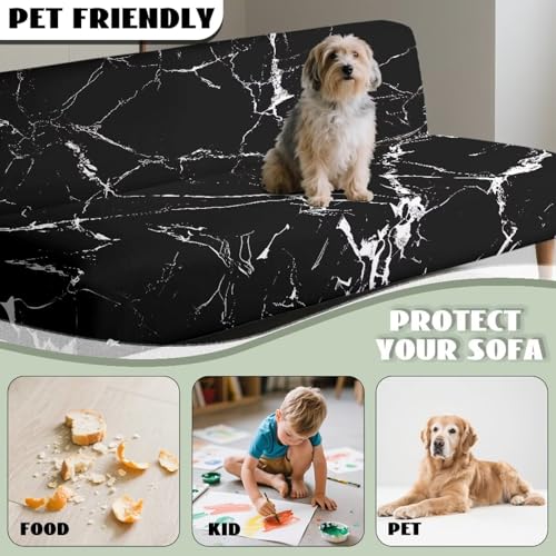 Black Marble Futon Covers Slipcover Full Size Furniture Protector Indoor Armless Sofa Slipcover with Elastic Bottom Soft Home Decor Pet Protection