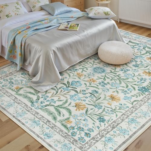 Lahome Light Blue Bedroom Rug 8x10 Under Bed, Boho Washable Rugs for Living Room Nursery, Soft Wool Vintage Low Pile Carpet for Dining Room Girls