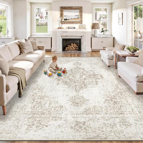 8x10 Area Rugs for Living Room, Washable Vintage Boho Neutral Medallion Rug Non Slip Low Pile Floor Carpet for Bedroom Dining Room Home Office (Beige, 8'x10')