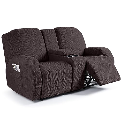 Ruaozz Loveseat Recliner Covers with Console, 4-Pieces Recliner Sofa Covers Stretch Jacquard Reclining Couch Covers with Pockets Furniture Protector with Elastic Straps Bottom (Chocolate)