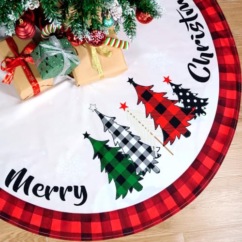 Multiwins Christmas Tree Skirt 48 Inch Red Rustic Xmas Tree Skirt with Snowflake, Black Red Buffalo Plaid Christmas Tree Skirt Ornaments for Merry Christmas Holiday Party Decorations Indoor Outdoor