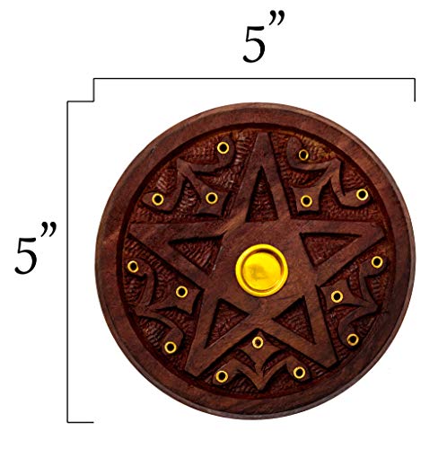 Pentagram Incense Holder - Handcrafted Incense Burner fits 15 Incense Sticks and 1 Incense Cone - Carved Wood, Brass Holders - 5 Inches Wide