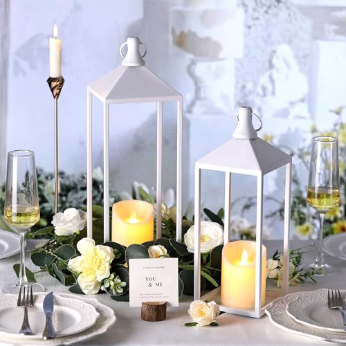 White Decorative Lantern Decor 17" 13" Set of 2 Wedding Lantern with Candle