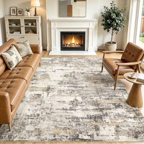 Area Rugs for Living Room: 5x7 Abstract Washable Rug Modern Neutral Large Soft Stain Resistant Non-Slip Backing Machine Table for Bedroom Dining Room Indoor Home Office Carpet - Gold Brown