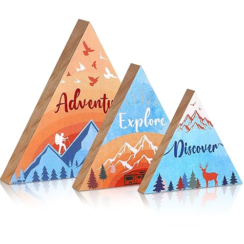 Jetec 3 Pcs 3 Size Wooden Mountain Sign for Cabin, Rustic Mountain Wall Decor, Adventure Camping Cabin Decor Sign for Living Room Bedroom Shelf Decoration(Orange and Blue)