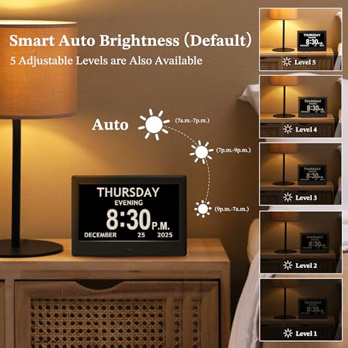 7" Black& 10.1" Black Dementia Clock Set (2-Pack) - Large Digital Display with Date/Time, Auto Dimming, 6 Alarms, Remote Control