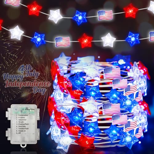 LAMPHOME Red White and Blue Patriotic String Lights, 16FT 50 LED 4th of July Decorations Battery Operated Fairy Lights with 8 Functions &Timer for Independence Day Memorial Day Home Decor