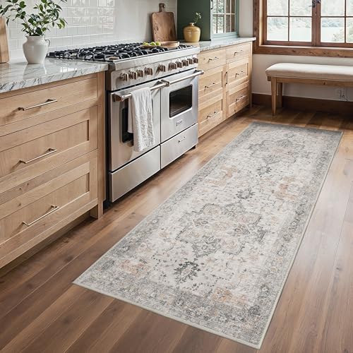 BESBLEE Runner Rug 2'6''x6 Non Slip Machine Washable Vintage Hallway Runner Rug, Low PileLight Weight Rugs for Entryway, Hallway, Kitchen and Corridor, Light Taupe Brown