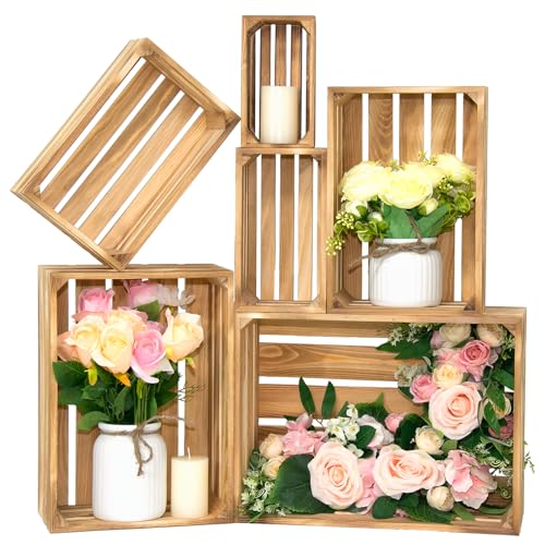 Extra Large 6 Pcs Decorative Wood Crates for Display, Farmhouse Wooden Basket for Storage Container and Decora