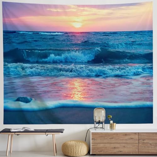 IcosaMro Ocean Tapestry Wall Hanging, Sea Beach Wave Sun Cloud Landscape Scenery Nature Wall Art [Double-Folde