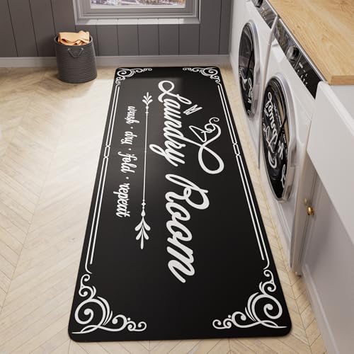 Non-Slip Laundry Room Rug Runner 17.3"x47.2" Washable Floor Cushioned Rubber Carpet Black Bathroom Hallway Mudroom Kitchen Mat for Farmhouse Entryway Washroom Decor Accessories