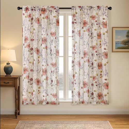 OVZME Crushed Floral Sheer Curtains for Bedroom 63 Inch Length for Living Room 2 Panels Set, Soft Airy Printed Design Textured Light Filtering Drapes, Semi Sheer Bedroom Curtains, Each 42Wx63L inches