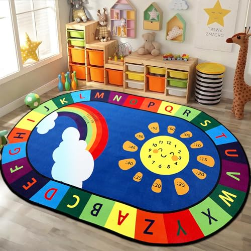 Dunzy Kids Educational Rug for Playroom 3 x 4ft ABC Alphabet Small Rug for Reading Corner Educational and Play Mat with ABC Alphabet, Numbers, Colors, Clocks Washable Playmat for Game Activity